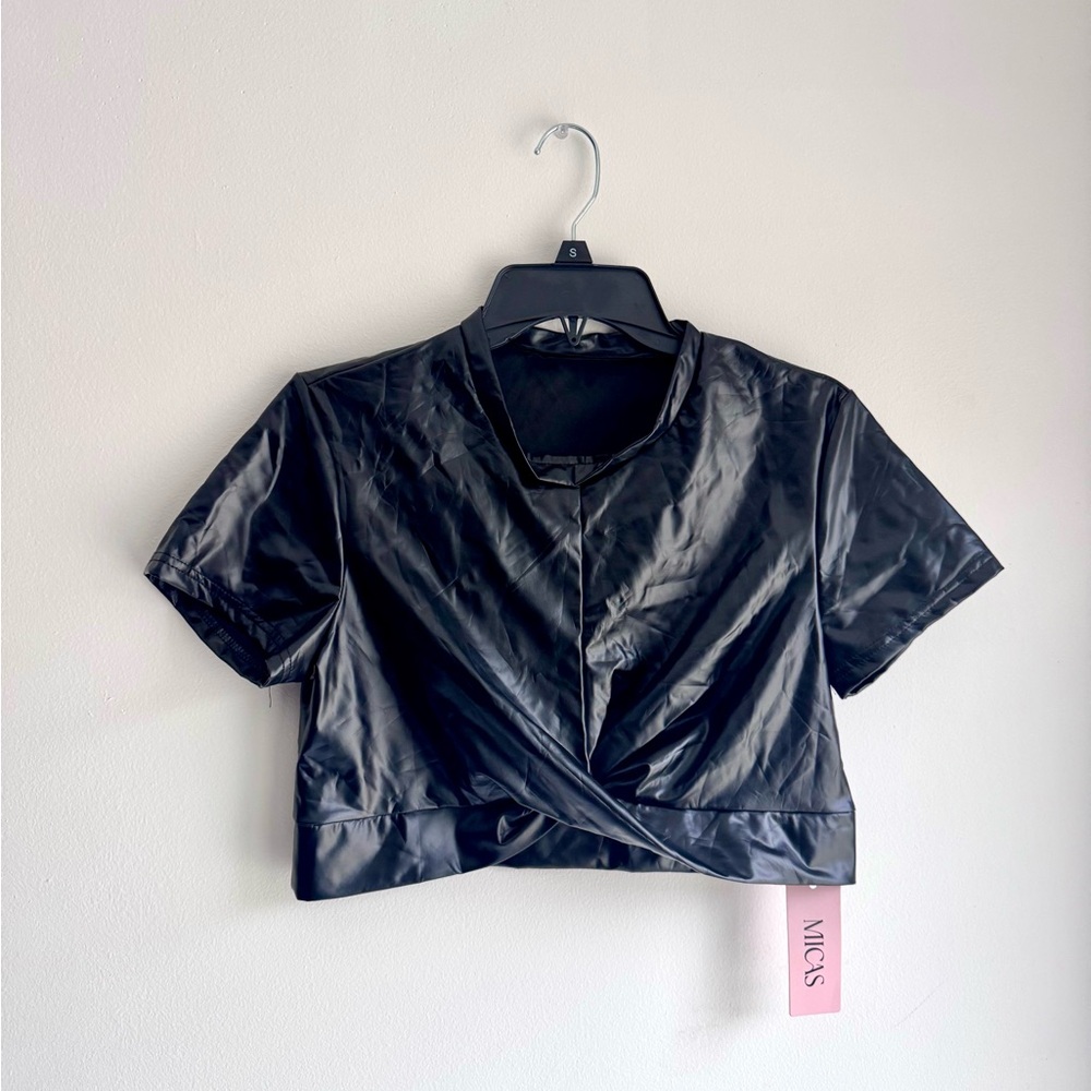 Sleek Faux Leather Black Crop Top by Micas